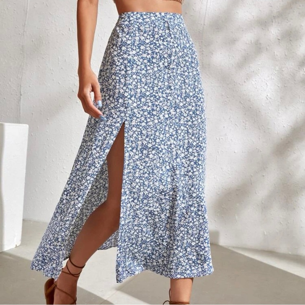 Shein Midi Skirt With Slit - Blue Skirt